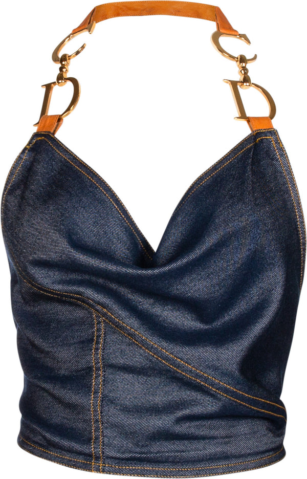 Christian Dior Spring 2000 Runway Saddle Halter Denim Top