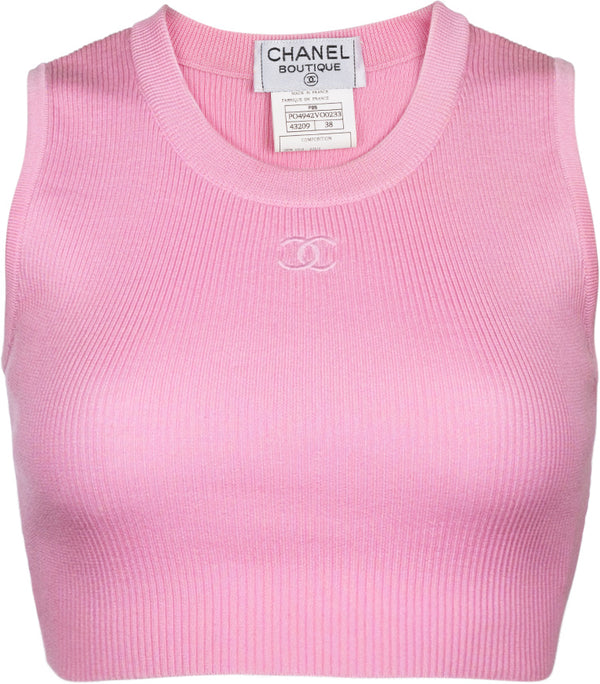 Chanel Pink Ribbed Logo Crop Top