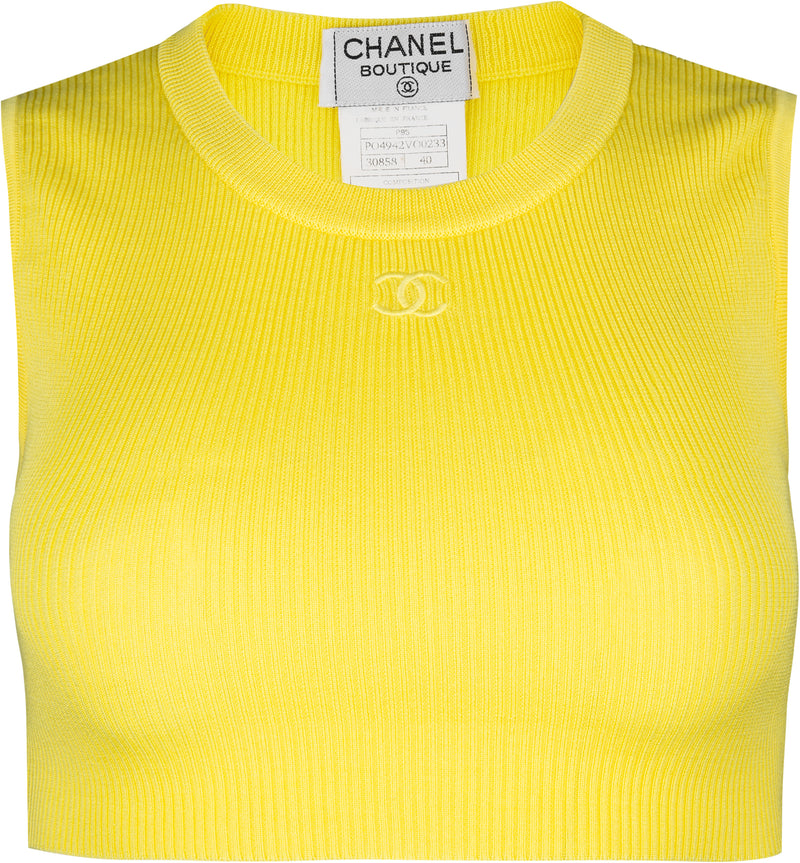 Chanel Spring 1995 Yellow Ribbed Logo Crop Top