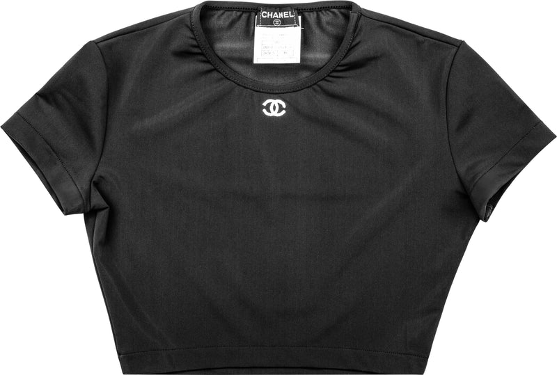 Chanel Spring 1995 Black Logo Embroidered Crop Top