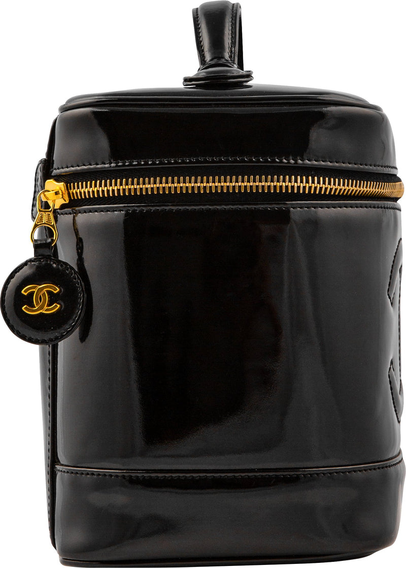 Chanel Black Patent Logo Vanity Bag