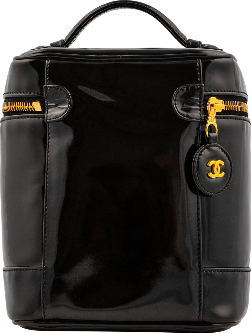 Chanel Black Patent Logo Vanity Bag